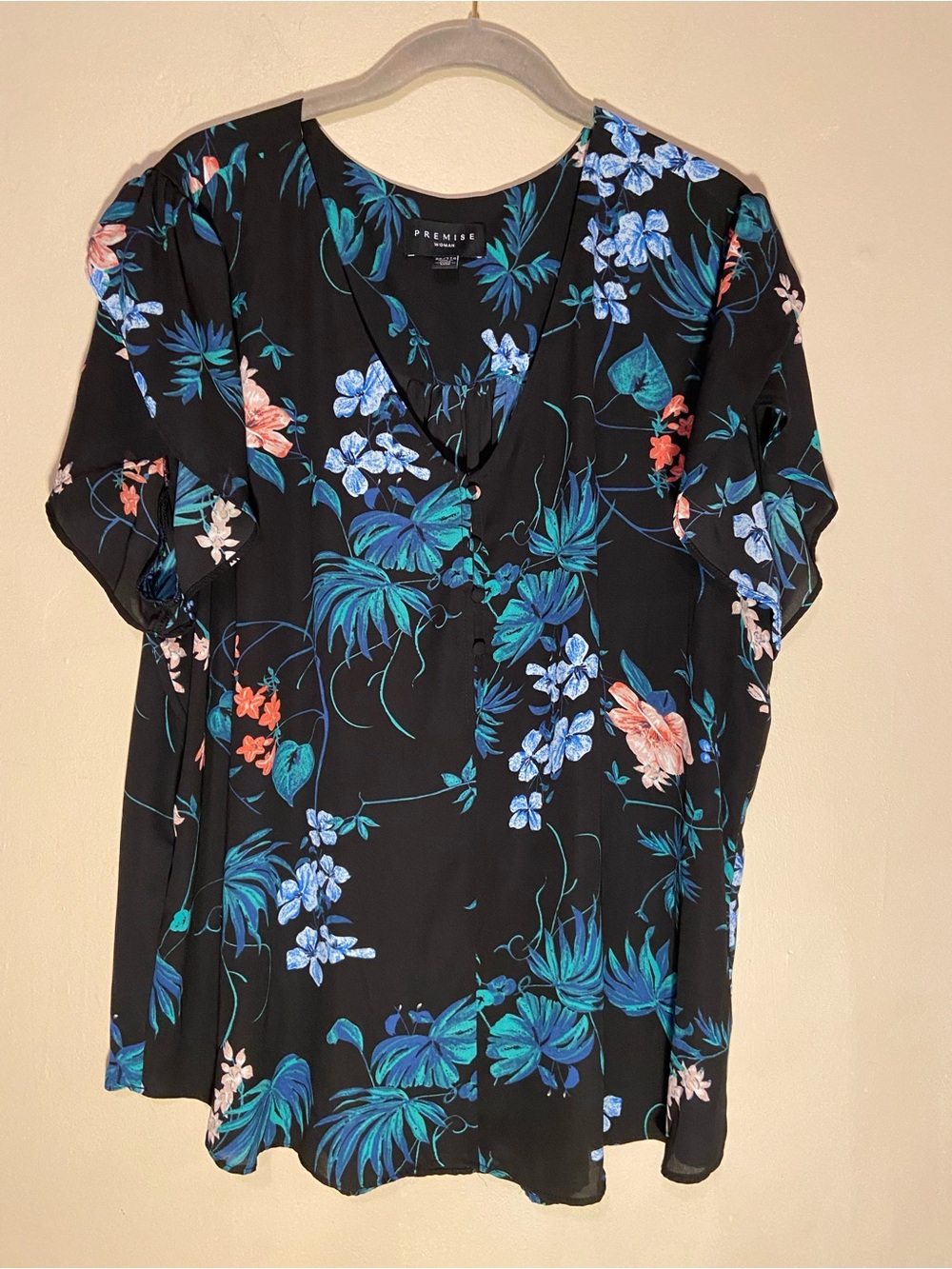 Premise Black Floral V-Neck Button-Front Blouse with Teal & Coral Accents